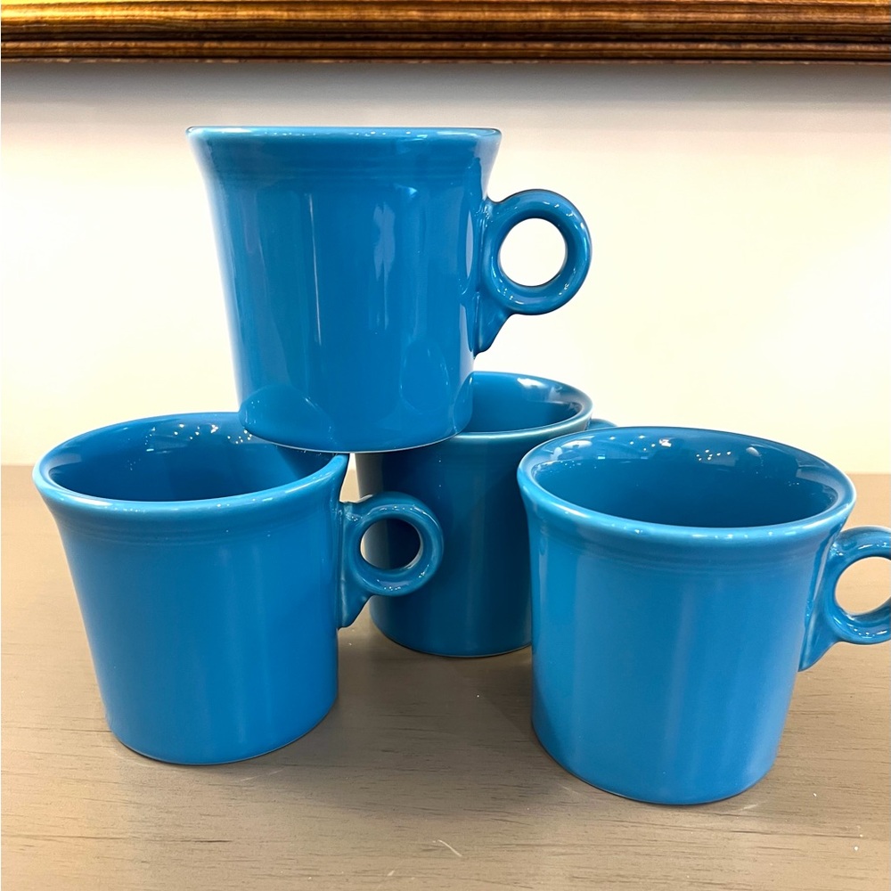 HLC Fiesta Ware Coffee Mugs Set Of 4 Peacock Blue Retired Tom Jerry Ring Handle